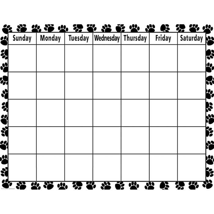 Black & While Paw Prints Calendar Chart by Teacher Created Resources ...